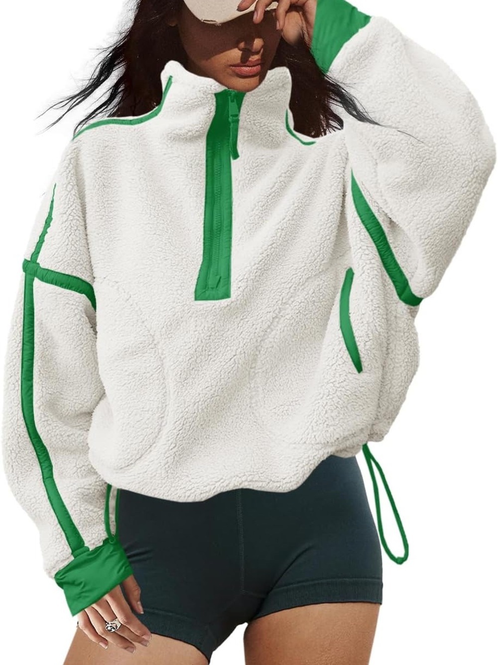 Teddy Oversized Relaxed Fit White & Green Sherpa Half-Zip Women's Sweater Top